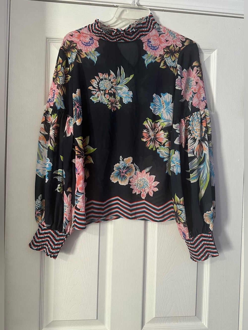 Jealous Tomato Black Blouse with Pink & Blue Floral size Medium.